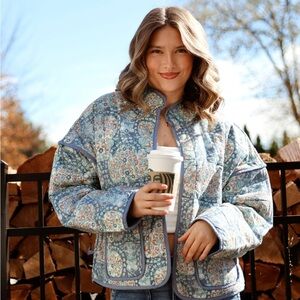 Free People Blue and Cream Paisley Puffer Jacket